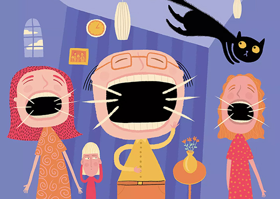Cartoon drawing of a family shouting. One child covers their ears and a startled black cat jumps above their heads. Illustration by Joyce Hesselberth.