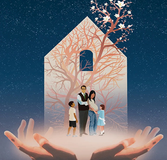 An illustration of a pink house with a starry blue sky in the background. A father and pregnant mother stand with their young son and daughter. The family and the home are cradled in God's hands.