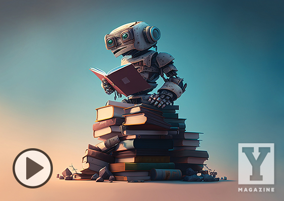 An image of a robot reading a book while sitting on top of a stack of books. Click to listen to a Y Magazine podcast.