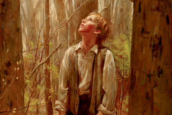 The Prophet Joseph Smith looks to heaven in the Sacred Grove.