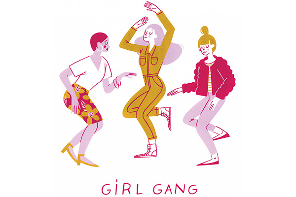 Three illustrated women dance together over the words Girl Gang.