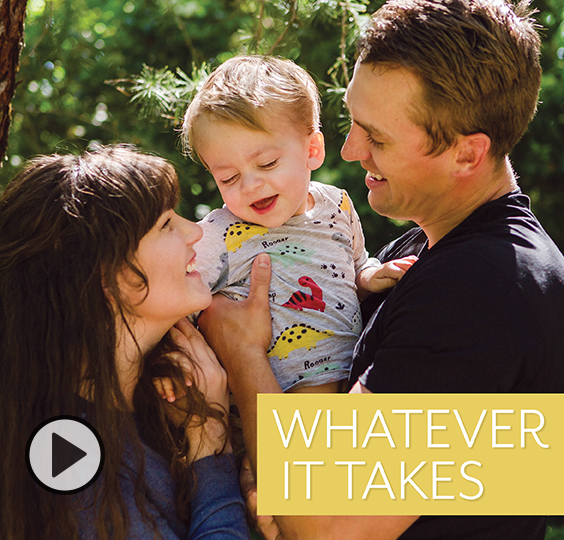 A portrait of Brittany and Brock Markham with their son, Damian, who is facing a devastating diagnosis known as ASMD or baby Alzheimer's. The text Whatever It Takes is also displayed.