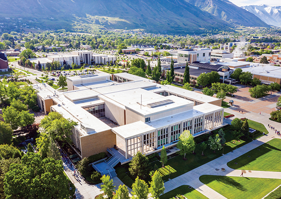 A wide view of the BYU campus with the HFAC in the foreground.