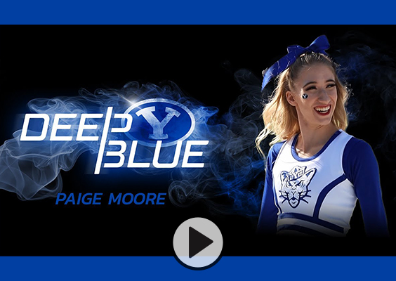 The text Deep Blue, Paige Moore accompanies a photo of Moore in her cheerleading uniform and blue hair ribbon.