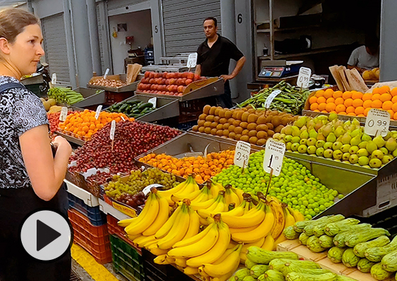 BYU health-science students shop for fruits and vegetables in Ikaria, Greece.