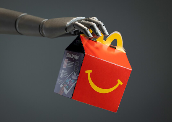 A robot arm holds a McDonalds happy meal illustrating a BYU study that found that robots aren’t replacing humans at the rate most people think, but people are prone to exaggerate the rate of robot takeover. Photo by Jaren Wilkey/BYU Photo.
