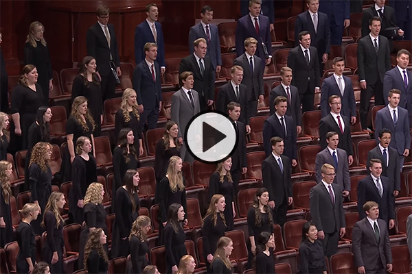 A combined choir of BYU students perform in the conference center during the Saturday evening session of October 2021 General Conference.