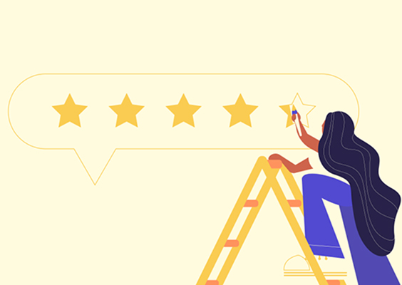 Illustration showing a woman on a ladder painting the fifth star in an online review chat buvbble.