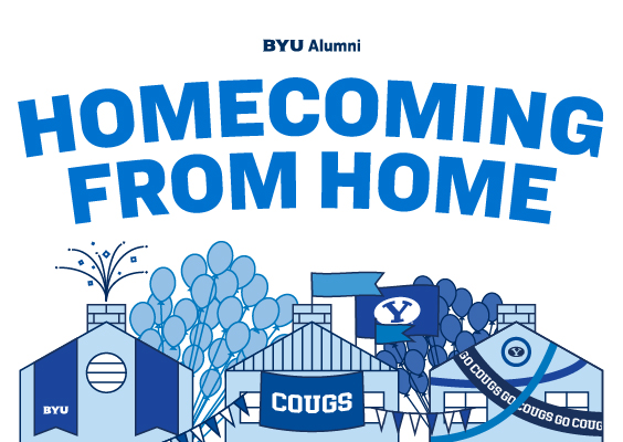 BYU Alumni Homecoming from Home above a graphic depicting homes decorated with BYU banners and bunting.
