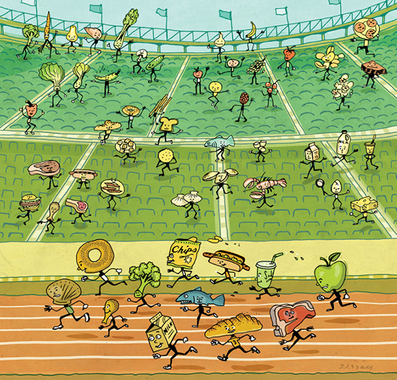 An illustration of different kinds of foods in a race.
