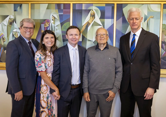 BYU law school Dean Gordon Smith, left, poses with Ruth and Jared Sine, artist Jorge Cocco and BYU President Kevin Worthen at the unveiling of Cocco’s seven-panel painting of Jesus Christ’s law-related roles at the BYU J. Reuben Clark School of Law in Provo, Utah, on Oct. 14. Photo by Michael Cazanave/BYU.