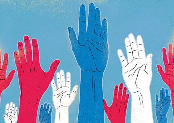 An illustration of red, white, and blue hands raised up.