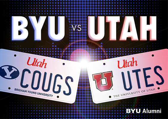 A graphic showing BYU and University of Utah license plates and the text BYU versus Utah. BYU Alumni.