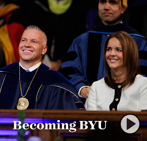 President Shane Reese and Sister Wendy Reese in the Marriott Center during the presidential inauguration.