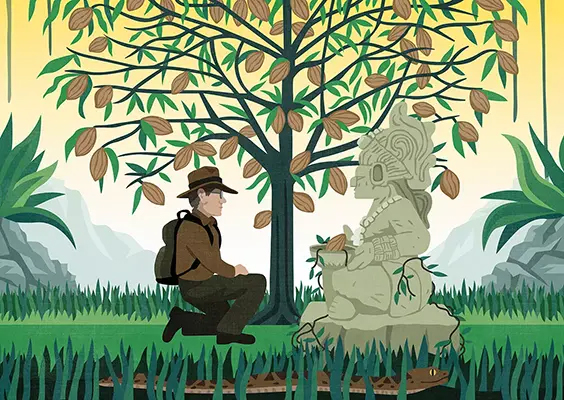 An illustration of a professor with a backpack and Indiana Jones-style hat approaches a Maya statue with a cacao tree in the background.